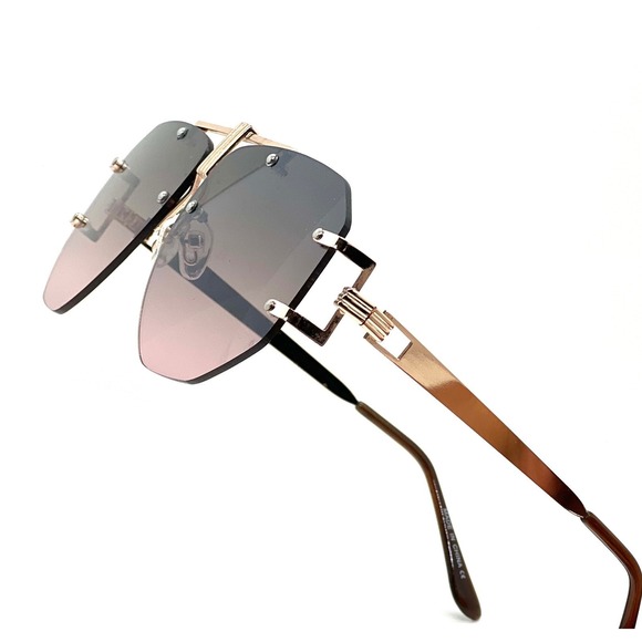 Men Designer Shades Gold Frame Rimless Sunglasses Fashion Trendy Aviator Pilot - Picture 3 of 10